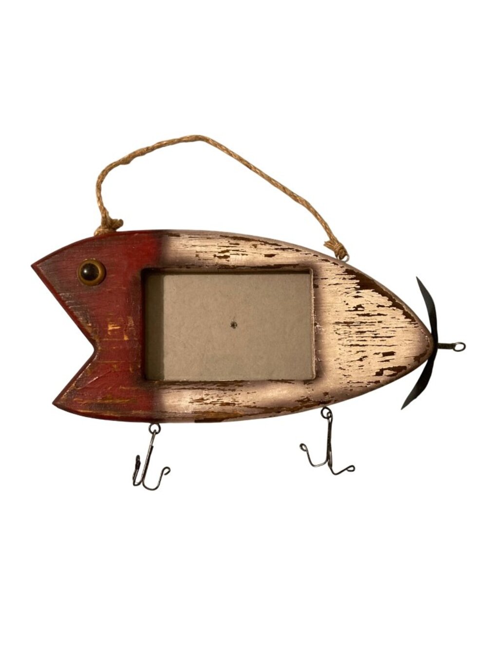 Distressed Fish-Shaped Wooden Picture Frame With Hooks & Rope Hanger